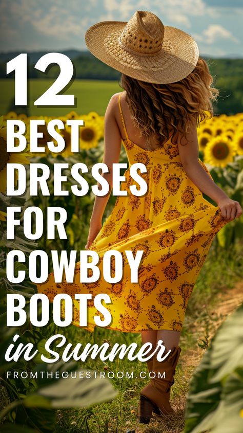 a woman wears dress and cowboy boots in summer, western outfits Boho Boots Outfit, Cowboy Boots With Dress, Cowboy Boots And Dresses Outfit, Dress With Cowboy Boots, Dresses To Wear With Cowboy Boots, Short Boots Outfit, Cowboy Boots Outfit Summer, Short Cowboy Boots Outfit, Red Cowboy Boots Outfit