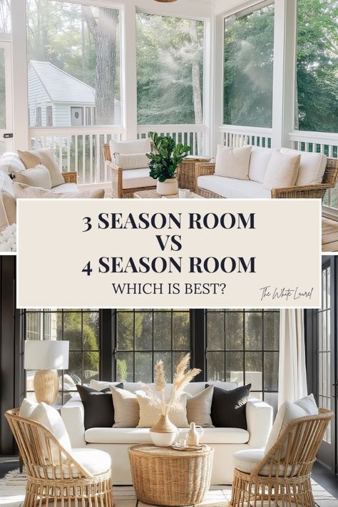 Read this before you add a 4 season room to your new home! This post breaks down the differences between a three season room/screened in porch and a four season room. 4 Seasons Sunroom, 4 Season Room Addition, Screen Porch Systems, Four Season Room, Outdoor Landscaping Ideas, Three Season Porch, 4 Season Room, Four Seasons Room, 3 Season Room