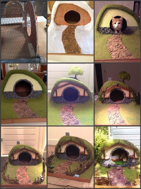 Cat Diy Projects Cardboard, Hobbit Cat House Diy, Hobbit Cat House, Cat Hobbit House, Hobbit Room Aesthetic, Cat Home Diy, Diy Hobbit Hole, Hobbit Diy, Hobbit Room