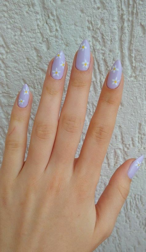 Simple Nails Pastel Colour, Simple Pastel Nails Acrylic, Spring Trendy Nails Purple, Lavender Nail Aesthetic, Lavender Nails With Butterflies Almond, Cute Lavender Nails Coffin, Lavender Daisy Nails, Light Purple Acrylic Nails Almond, Lavender Aesthetic Nails