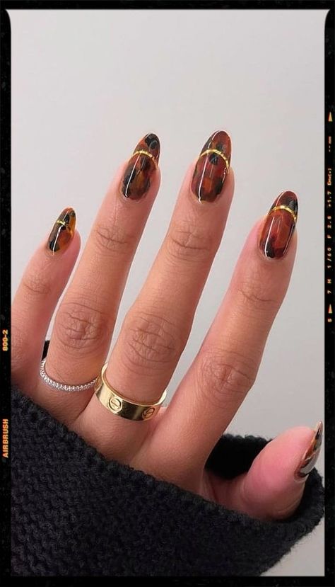 Tortoiseshell Nails With Gold Accents Bronze Almond Nails, Tortieshell Nails, Brown And Gold Nail Art, Tortoise And Gold Nails, Tortoise Shell And Gold Nails, Tortoise Shell Nails With Gold, Nails 2022 Trends Winter, Boston Nails, Nails With Gold Accents