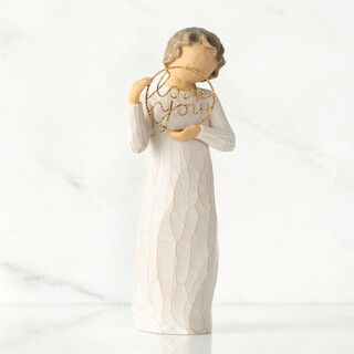 Front view, standing female figure in cream dress, holding gold wire circle in which is written 'love you' Body Gestures, Willow Tree Angels, Wire Sign, Tree Statues, Willow Tree Figurines, Resin Figurine, Angel Tree, Small Words, Decor Figurines