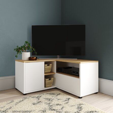 Large Tv Small Stand, Corner Unit Tv Stand, Corner Tv Ideas, Floating Shelf Tv Stand, Tv Nook, Corner Tv Cabinets, Modern Tv Room, Corner Tv Unit, Corner Tv Stand