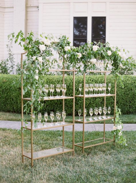 Champagne Shelves, Gold Shelves, Jean Photography, Cocktail Hour Wedding, Floral Installation, Tiny Wedding, Wedding Wall, Card Display, Outdoor Wedding Decorations