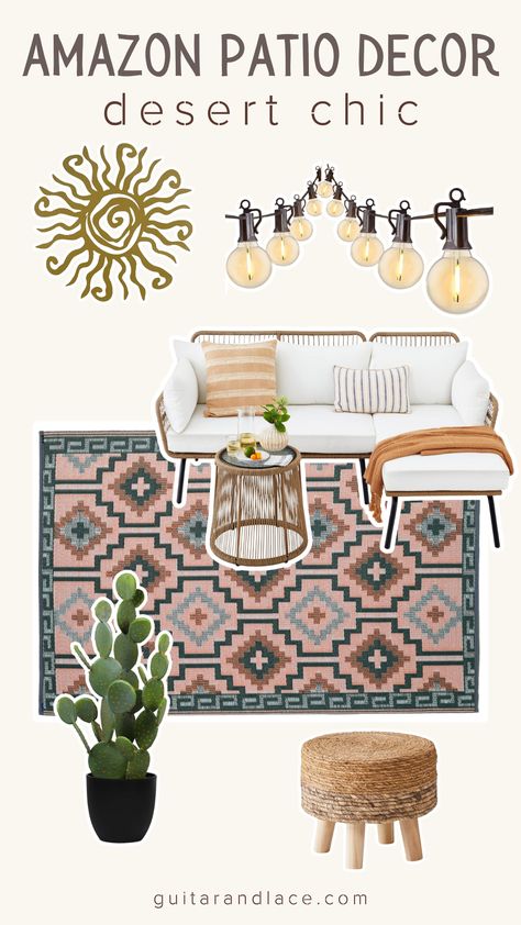 southwest chic patio decor. desert decor patio. outdoor area rug. patio sectional. faux cactus decor. Small Desert Patio Ideas, Outdoor Arizona Patio Ideas, Desert Porch Decor, Southwestern Outdoor Patio, Western Patio Furniture, Southwest Patio, Southwest Outdoor Patio Ideas, Southwest Chic, Mexico House Ideas