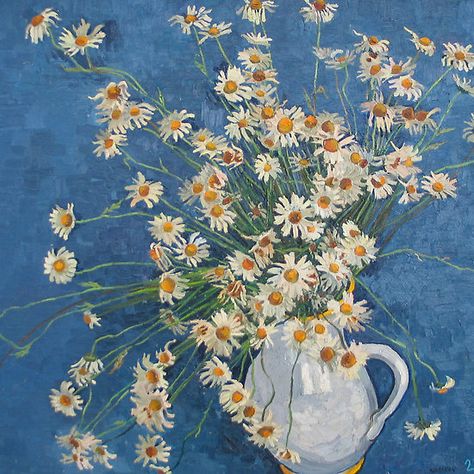 White chamomile flowers with blue background Blue Background Painting, Chamomile Print, Vitali Komarov, Van Gogh Wall Art, Background Painting, Vincent Van Gogh Art, Blue Perfume, Daisy Painting, Self Portraits