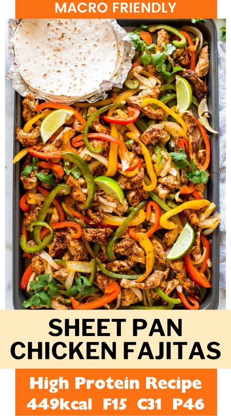 A sheet pan filled with roasted chicken and vegetables for fajitas. Sheet Chicken Fajitas, Low Cholesterol Sheet Pan Recipes, Simple Protein Dinner Recipes, High Protein Chicken Fajitas, Low Carb High Protein Meals Dinners Chicken Recipes, Easy Sheet Pan Chicken Fajitas, Easy Sheet Pan Fajitas, Meal Prep Fajitas, Macro Friendly Dinner Ideas