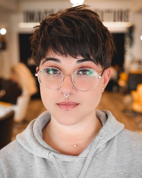 Bowl Cut Pixie with Tousled Texture Pixie Bowl Haircut, Messy Pixie With Bangs, Pixie Haircut Round Face Glasses, Pixie Haircut With Short Bangs, Pixie Thick Hair Round Face, Pixie With Fringe Bangs, Pixie And Glasses, Texturized Pixie Haircut, Short Pixie Thick Hair