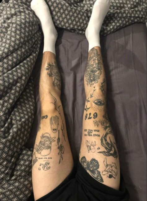 Leg Aesthetic Tattoo, Flash Art Leg Tattoos, Legs Tatoos Ideas, Leg Tattoo Flash Art, Both Legs Tattoo, Scattered Leg Sleeve Tattoo, Leg Patch Sleeve Tattoo, Legs Full Of Tattoos, Sticker Tattoo Leg Sleeve