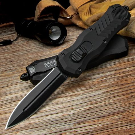 Armed Force Tactical Black Automatic OTF Knife And Sheath - Stainless Steel Blade, Metal Handle, Slide Trigger - Length 9 3/4" Otf Knives, Automatic Knives, Cool Knives, Armed Forces, Self Defense, Pocket Knife, Defense, Force, Stainless Steel