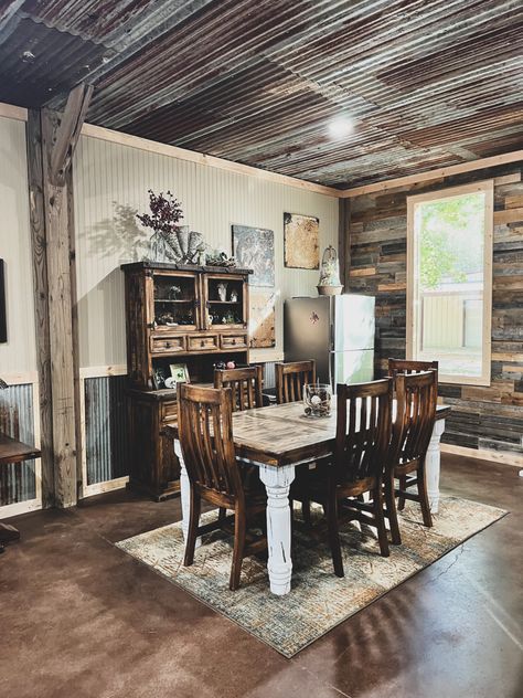 Love the wood and tin Barnwood And Tin Walls, Tin And Wood Walls, Barn Tin Wall, Tin Interior, Barn Tin, Barn Homes Floor Plans, Industrial Style Interior, Tin Kitchen, White Shiplap Wall