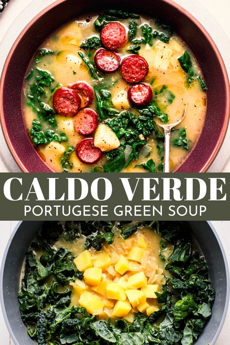 This Portuguese Caldo Verde recipe simmers potatoes, kale, and smoky sausage in a rich and comforting broth. All made in one pot, it’s an incredibly flavorful meal that will transport you to the shores of Portugal with every spoonful! Caldo Verde Recipe, Kale Soup Recipes, Stews Recipes, Savory Recipe, Verde Recipe, Rose Recipes, Green Soup, Delicious Soup Recipes, Easy Soup