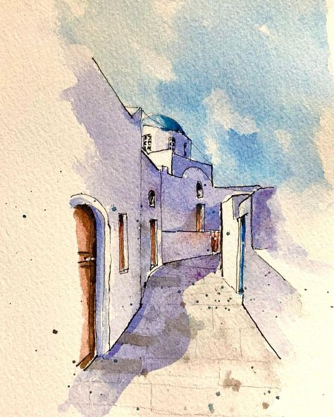 Greece Drawing Pencil, Greece Drawing, Watercolor Sketching, Pen And Wash, Watercolor Projects, Drawing Pencil, Pen And Watercolor, Pictures Images, Drawing Sketch