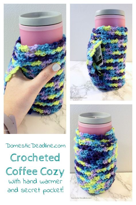 A crocheted coffee cozy to fit travel and disposable mugs. Keep your hands warm by tucking them inside the sleeve and hide a gift card or cash in the hidden pocket so you always have enough for a cup of coffee. Mindful Crochet, Mug Cozy Pattern, Crochet Travel, Mug Cover, Happy Glamper, Crochet Mug Cozy, Crochet Coffee Cozy, Crochet Handles, Crochet Mug