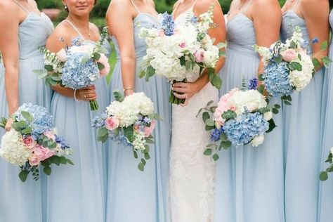 Mountain Wedding Flowers Summer, Ice Blue And Pink Wedding, Pink White And Blue Bridal Bouquet, Blue And Pink Bridesmaid Bouquet, Light Blue Bridesmaid Dresses Pink Flowers, Flowers For Light Blue Dress, Blue Pink And White Wedding Flowers, Bridal Bouquet And Bridesmaid Bouquet, Blue And Pink Hydrangea Wedding