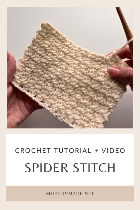 The Spider Stitch Crochet Tutorial 
The Spider Stitch is an easy and delicate crochet stitch. The Spider Stitch is a series of single crochets and chain 1s, and is a 1 row repeat. 
The Spider Stitch 
Chain and even number.
Row 1: In the second chain from hook, [single crochet, chain 1, single crochet]. *Skip 1 chain, in the next chain, [single crochet, chain 1, single crochet]. Repeat from * across. Chain 1, turn.
Row 2: [Single crochet, chain 1, single crochet] in each chain 1 space across the Spider Stitch Crochet, Crochet Spider Stitch, Spider Stitch, Stitch Step By Step, Crochet Spider, Crochet Chain Stitch, Delicate Crochet, Crochet Chain, Stitch Crochet