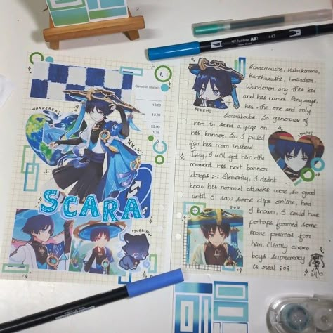 Genshin Journal Ideas, Character Scrapbook Ideas, Scaramouche Electro, Genshin Scrapbook, Genshin Journal, Desk Decoration Ideas, Cute Journaling Ideas, Fan Journal, Anime Journal Aesthetic