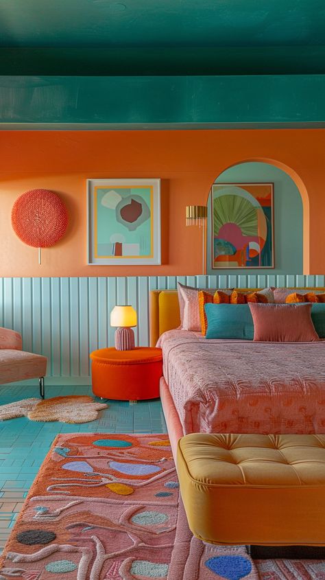 If I Designed a Cheap Motel — Living Bright Interiors Fun Colorful Interior Design, Funky Interior Design Bedroom, Red Retro Bedroom, Pop Arcade Interior Design, Funky Basement, Funky Bedroom Ideas, Electric Interior, Vintage Retro Bedroom, 60s Room