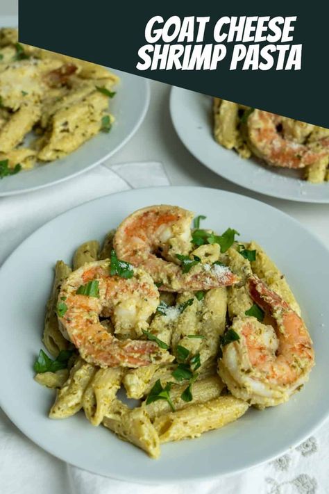 This Shrimp Goat Cheese Pasta is made with shrimp, penne, butter, garlic, lemon, pesto, goat cheese and cooked to perfection. Shrimp Goat Cheese, Pesto Goat Cheese, Shrimp Casserole, Cilantro Parsley, Pesto Shrimp, Dinner Recipes Healthy Family, Lemon Pesto, Goat Cheese Pasta, Goat Cheese Recipes