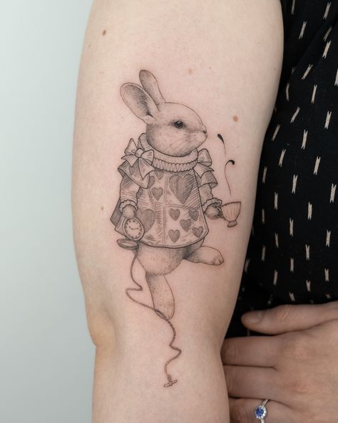 Alice in Wonderland’s White Rabbit, featuring the original outfits from the book �🐇🫖 A huge thank you to Ebba for traveling all the way from Sweden to London to get this tattoo done by me! 🤍 #londontattoo #londontattooartist #tattoolondon #uktattoo #uktattooartist #animaltattoo #animaltattoos #animaltattoolondon #rabbittattoo #finelinetattoo #finelinetattoolondon #bunnytattoo #aliceinwonderland #whiterabbit #aliceinwonderlandtattoo White Rabbit Tattoo, Rabbit Tattoo, White Rabbit, Tattoo On, Alice In Wonderland, Tattoos, On Instagram, White, Black