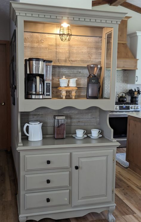 Coffee Bar China Cabinets, Ideas Para Cafe Bar En Casa, China Cabinet To Coffee Bar, Hutch Coffee Bar, Coffee House Decor, Wine And Coffee Bar, Coffee Cabinet, Diy Furniture Flip, Coffee Bar Station