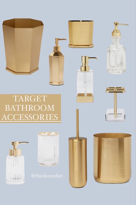 Gold White Bathroom Decor, Gold Aesthetic Bathroom, Bathroom Decor Pink And Gold, Gold And White Bathroom Decor Ideas, Target Bathroom Accessories, Black And Gold Bathroom Decor Ideas, Bathroom Ideas Dorm, White And Gold Bathroom Ideas, Gold Bathroom Decor Ideas