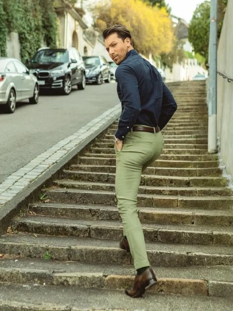 Light Green Pants Outfit, Green Pants Outfit Men, Navy Top Outfit, Light Green Pants, Blue Striped Shirt Outfit, Green Pants Men, Camel Shirt, Green Pants Outfit, Outfit Ideas Men