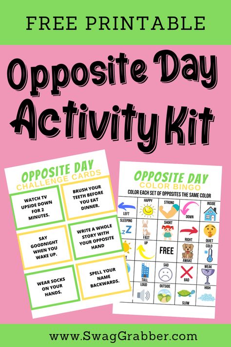 Free Printable Opposite Day Activity Pack | SwagGrabber #oppositeday At Home Crafts For Kids, Get Free Stuff Online, Paper Plate Crafts For Kids, Family Money, Get Free Stuff, Outdoor Activities For Kids, Indoor Activities For Kids, Kid Friendly Trips, Activity Kits