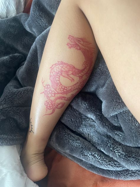 Dragon On Calf Tattoo, Red Calf Tattoo, Dragon Tattoo On Calf, Side Calf Tattoos For Women Calves, Calf Muscle Tattoo For Women, Women’s Calf Tattoo, Calf Muscle Tattoo, Calves Tattoos Women, Back Of Leg Tattoos Women Calves