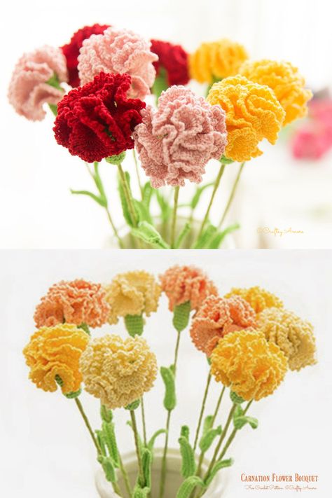 Beautiful Carnation Flower Free Crochet Pattern For Mother's Day - Craftsy Amore Dreamcatcher Crochet, Crochet Garden, Crochet Flowers Easy, Crochet Flowers Free Pattern, Crochet Bouquet, Crochet Plant, Crochet Design Pattern, Booties Crochet, Carnation Flower