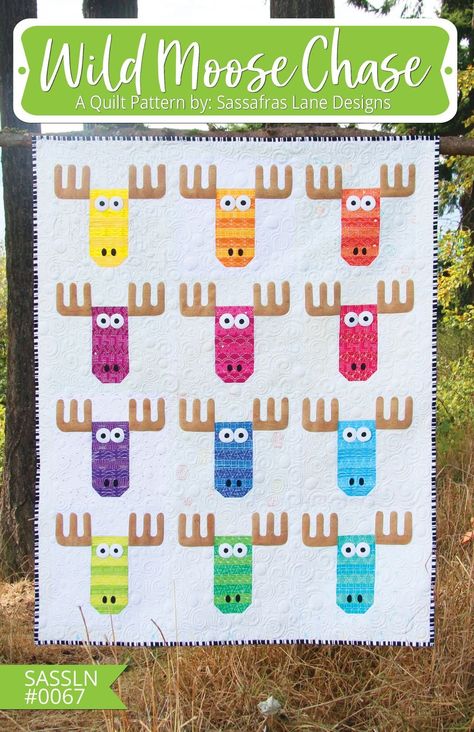 "This patchwork and appliqued moose is a bit silly and a whole lot of cute! Instructions are included for a pillow and 3 different quilt sizes, plus full-size ready to applique pieces. Create a colorful herd or stick with classic moose colors - both absolutely adorable! Included Sizes * Pillow - 14\" x 14\" * Tall - 29\" x 28\" * Grande - 42\" x 52\" * Venti - 55\" x 76\"" Quilt Pillow Pattern, Moose Quilt, Moose Pattern, Quilt Pillow, Silk Quilt, Quilt Sewing Patterns, Quilt Care, Heirloom Quilt, Quilt Storage