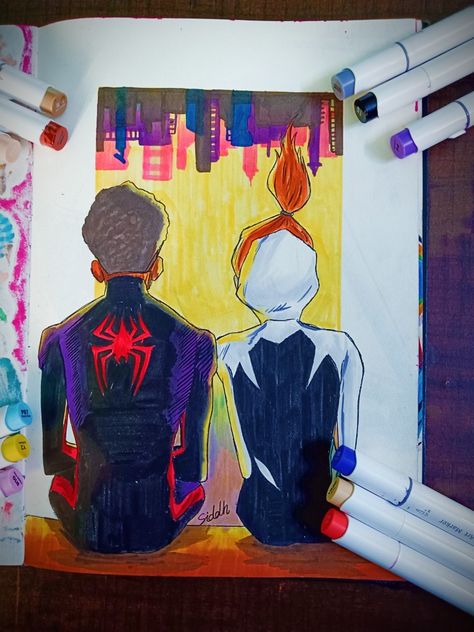 Spiderman Marker Drawing, Miles Morales And Gwen Stacy Drawing, Spider Man Across The Spider Verse Drawing, Spiderman Into The Spiderverse Drawing, Spider Verse Drawing, Spider Man Spider Verse, Spiderman Across The Spiderverse, Spiderman Sketches, Cartoon Doodles