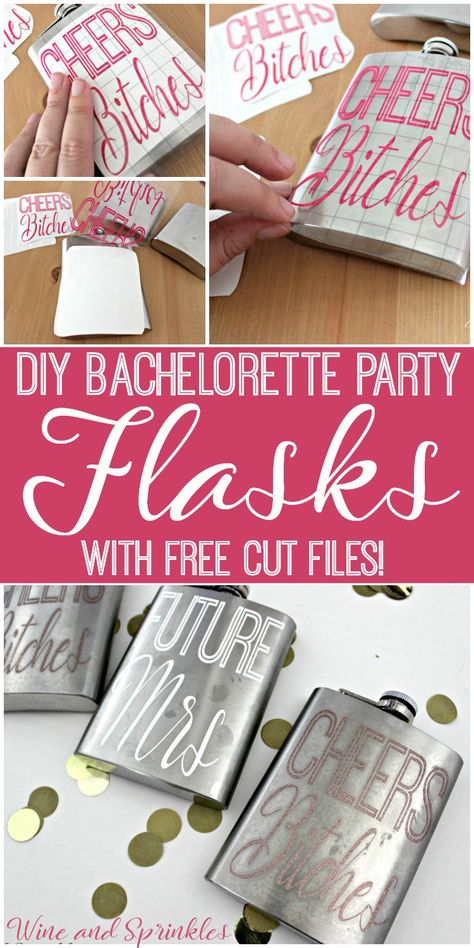 Diy Flask Decorating Ideas, Cricut Crafts To Sell Bachelorette, Bachelorette Party Sunglasses Diy, Bachelorette Cricut Projects, Bachelorette Glasses Diy, Wedding Diy Gifts, Wedding Decorations Beach, Bachelorette Party Bottle Labels, Bachlorette Tumblr Cups