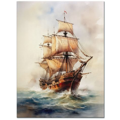 Pirate Ship Watercolor (Canvas) – Epic World Art Watercolor Pirate Ship, Pirate Mythology, Pirate Ship Painting, Ship Watercolor, Pirate Ship Art, Golden Age Of Piracy, Pirate Boats, Old Sailing Ships, Ship Paintings