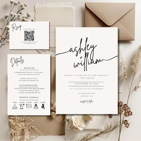 Modern Invite | Simple Editable Invite Template | Minimal Wedding Invites With Qr Code | Boho Wedding Invitation Suite | Qr Code Rsvp Wedding Invitations Timeline, March Wedding Invitations, Who To Invite To Your Wedding, Qr Code Wedding Invitations, Wedding Invitations Qr Code, Minimalistic Wedding Invitations, Aesthetic Wedding Invitations, Wedding Invitation Content, Details Wedding Invitation