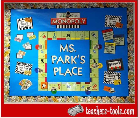 Monopoly bulletin board Monopoly Decor, Monopoly Decorations, Monopoly Classroom, Pta Bulletin Boards, Bible Projects, Ra Decorations, Monopoly Theme, Biology Teaching, Board Game Themes