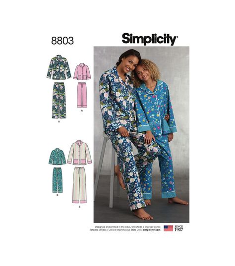 Simplicity Pattern 8803 Girls' & Misses' Apparel - Size A (S - L/XS - XL) Pijamas Women, Pants And Shirt, Childrens Pyjamas, Miss Girl, Pajama Pattern, Classic Pajamas, Shirt Sewing Pattern, Sewing Patterns Girls, Simplicity Sewing