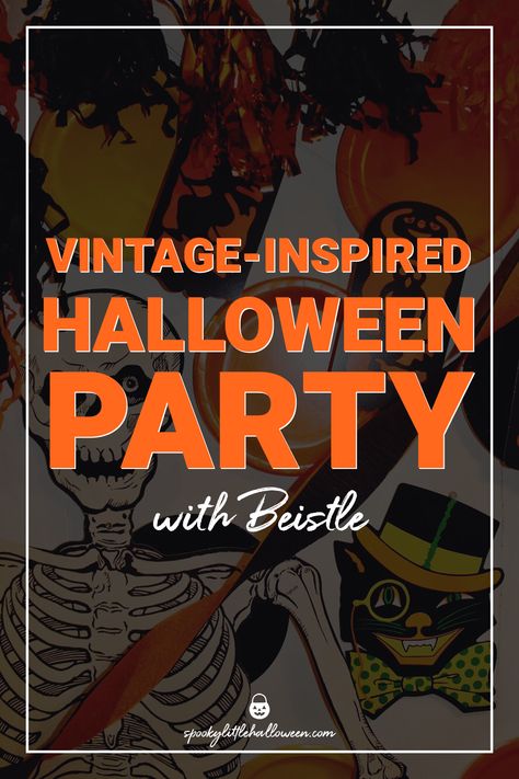 Vintage-Inspired Halloween Party with Beistle | spookylittlehalloween.com 70s Theme Halloween Party, Vintage Halloween Games, Old Fashion Halloween Party, 1950s Halloween Decorations, Beistle Halloween Vintage, Vintage Halloween Party Ideas, Halloween Party Vintage, 70s Halloween Party, Everything Halloween