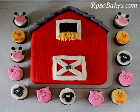 A Barnyard Party: Barn Cake, Farm Animals Cupcakes. Click over for more pictures and details! Animal Cupcakes Easy, Farm Birthday Cakes, Barnyard Cake, Barn Cake, Farm Animal Cupcakes, Farm Animal Cakes, Animal Birthday Cakes, Barnyard Birthday Party, Farm Theme Birthday