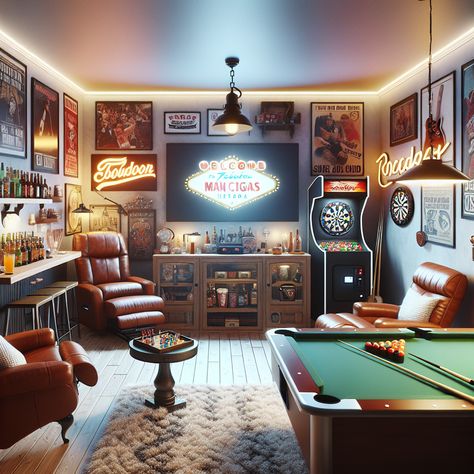 Welcome to the dream man cave, featuring a mini bar, flat-screen TV, arcade games, pool table, and comfy reclining sofas. Bright neon signs, wall posters, warm lights, and a graffiti mirror embellish the space, with a mini fridge and popcorn machines for snacks. #ManCave #HomeBar #GameRoom #ArcadeGames #SportsBar #HomeDecoration Man Cave Arcade Room, Retro Arcade Room, Industrial Arcade Room, Arcade 1up Room, Vintage Game Room, Mansion Arcade Room Luxury, Dream Man Cave, Popcorn Machines, Cave Basement