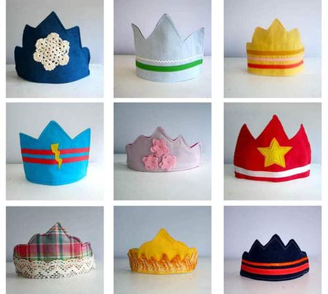 DIY Fabric Crowns (Free Templates) Fabric Birthday Crown Diy, Fabric Crown Diy, Fabric Crowns, Waldorf Birthday Crown, Diy Birthday Crown, Kids Party Hats, Crown Template, Crown Ideas, Fabric Crown