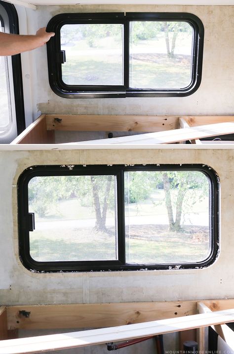 Easily install a wood planked kitchen backsplash in a RV! This is the perfect way to add rustic modern or farmhouse style to your tiny home on wheels! Wood Window Trim, Kitchen Backslash, Half Painted Walls, Rv Windows, Camper Windows, Window Remodel, Interior Window Trim, Tiny Home On Wheels, Wood Backsplash