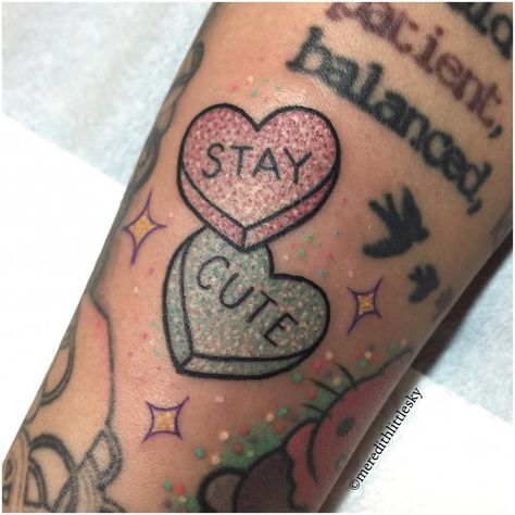 See this Instagram photo by @meredithlittlesky • 153 likes Candy Heart Tattoo, Filler Tattoos, Pixie Tattoo, Candy Tattoo, Love Heart Tattoo, Moth Tattoo Design, Arm Tats, Tattoo Leg, Mini Tattoo