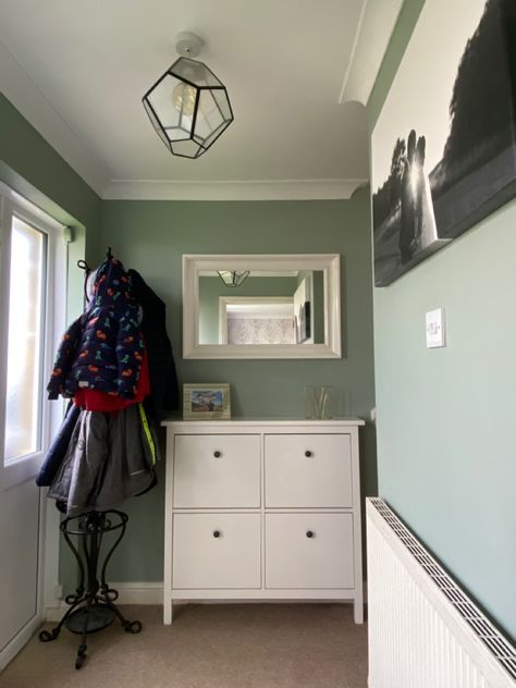 Sage green hallway with black & white accents Hallway Sage Green, Sage Green Hallway And Stairs, Pale Green Hallway, Green Hallway Ideas Entrance Halls, Sage Green Hallway Ideas, Sage Hallway, Sage Green Entryway, Sage Green Hallway, Hallway 2023