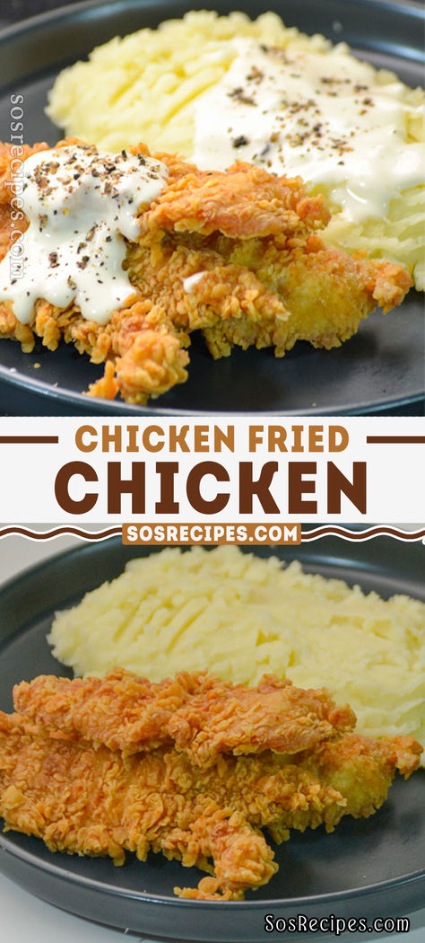 As simple and tasty as it is, with only few ingredients, this Chicken Fried Chicken recipe is the perfect fit for a family dinner, bringing everyone together for a comforting meal. Comfort Food Recipes Chicken, Chicken Strip Recipes Baked, Chicken Fried Chicken Easy, Fried Chicken Dinner Ideas Sides, Chicken Recipes Fried, Chicken Fried Chicken Recipe, Baked Fried Chicken Recipe, Best Fried Chicken Recipe, Buffalo Chicken Fries