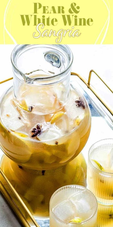 This Pear and White Wine Sangria is what you need for your holiday parties! Make it ahead and let guests serve themselves. It's made with pear nectar, white wine, ginger beer, and warm holiday spices. Cheers! #sangria #holiday #christmas #party #simplyrecipes Sangria White, Pear Nectar, Holiday Drinks Alcohol, White Wine Sangria, Wine Sangria, Gluten Free Beer, White Sangria, White Wines, Holiday Christmas Party