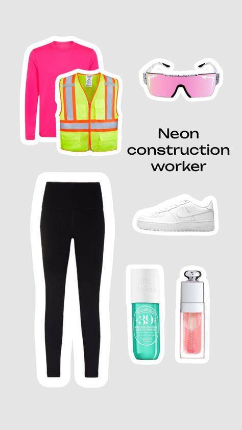 Neon construction worker!! (this is my fav) Cute Construction Worker Costume, Neon Construction Worker Costume Preppy, Cute Construction Worker Outfit Women, Construction Day Spirit Week, Diy Construction Worker Costume, Construction Costume Women's, Construction Theme Outfit, Halloween Costumes Construction Worker, Construction Worker Costume For Women