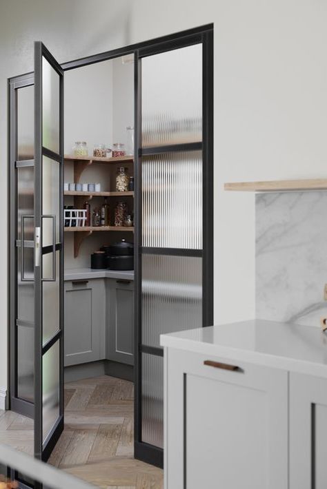 Grey kitchen larder Benchmarx Kitchen, Kitchen Larder, Corner Pantry, Pantry Cupboard, Pantry Ideas, Life Kitchen, Dark Kitchen, Kitchen Pantry Design, Kitchen Corner