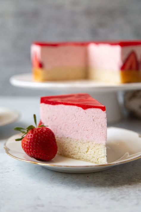 Strawberry Yogurt Mousse Cake- The Little Epicurean Yogurt Mousse Recipe, Yogurt Mousse Cake, Strawberry Mousse Filling, Fresh Strawberry Desserts, Strawberry Gelatin, Strawberry Mousse Cake, Yogurt Mousse, Mousse Filling, Mousse Cake Recipe