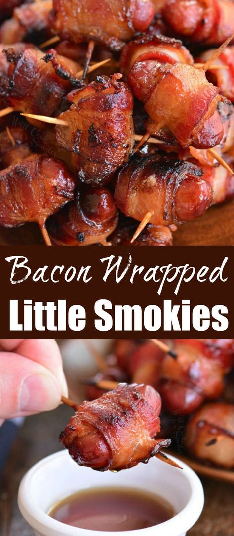 Little Smokies wrapped in bacon is the best party appetizer and so easy with only 3 ingredients. All you need is little smoked sausage, bacon, and maple syrup. #appetizer #bacon #maple #sausage #littlesmokies Little Smokies Wrapped In Bacon, Little Smokies Recipes, Bacon Wrapped Sausages, Maple Sausage, Smokies Recipe, Bacon Wrapped Smokies, Little Smokies, Wrapped In Bacon, Bacon Appetizers